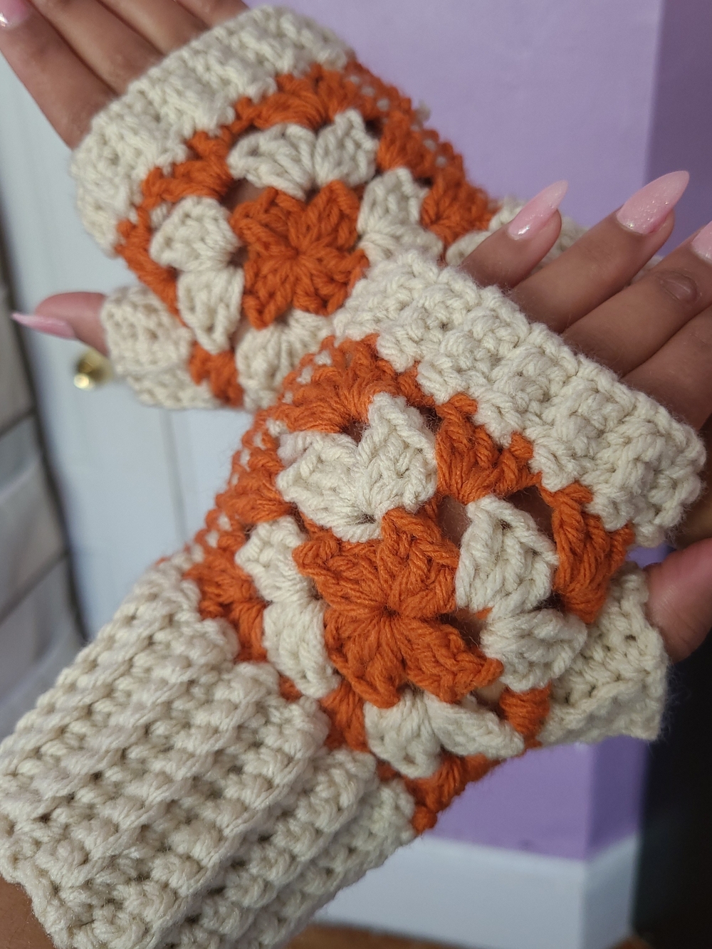 Handmade Cream and Orange Crochet Fingerless Gloves
